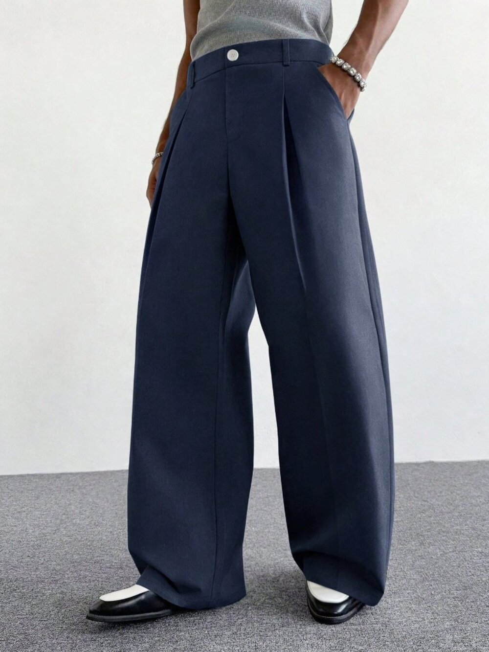 Navy Blue Casual Men's Wide Leg Pants - Picture 4 of 8